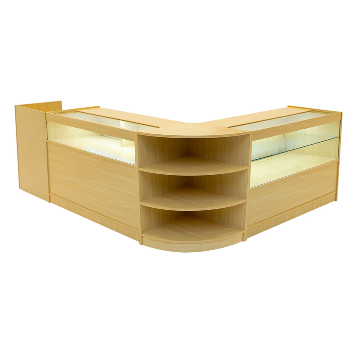 Europa LED Shop Counter Set in maple finish features a modern design with glass display areas and curved shelving for organized storage