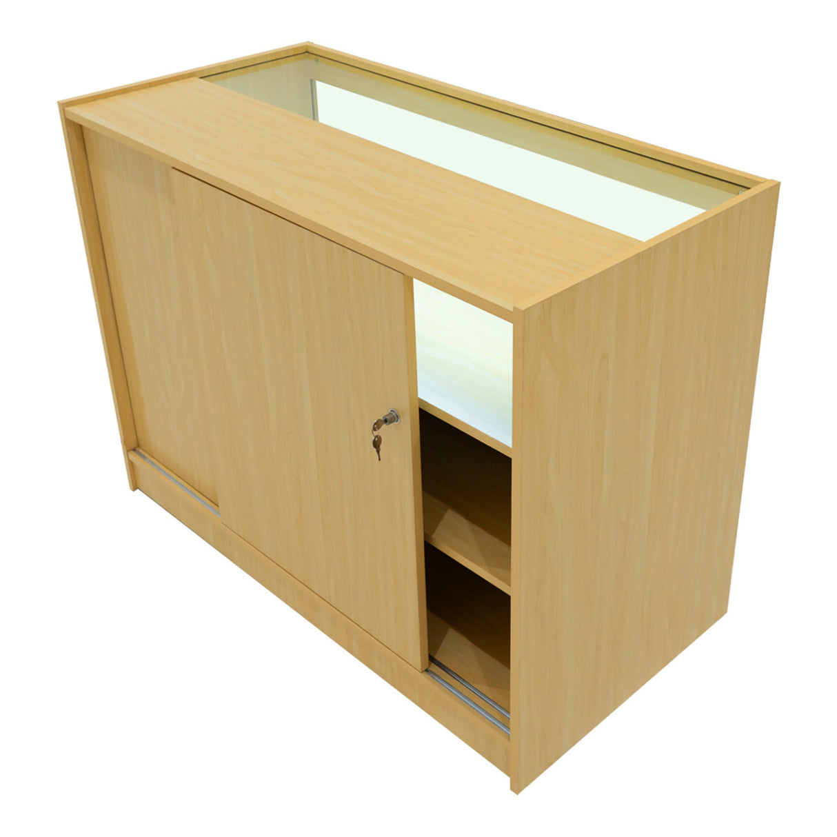 Europa LED Shop Counter Set in maple finish features a sliding door, glass top, and open shelving for display and storage