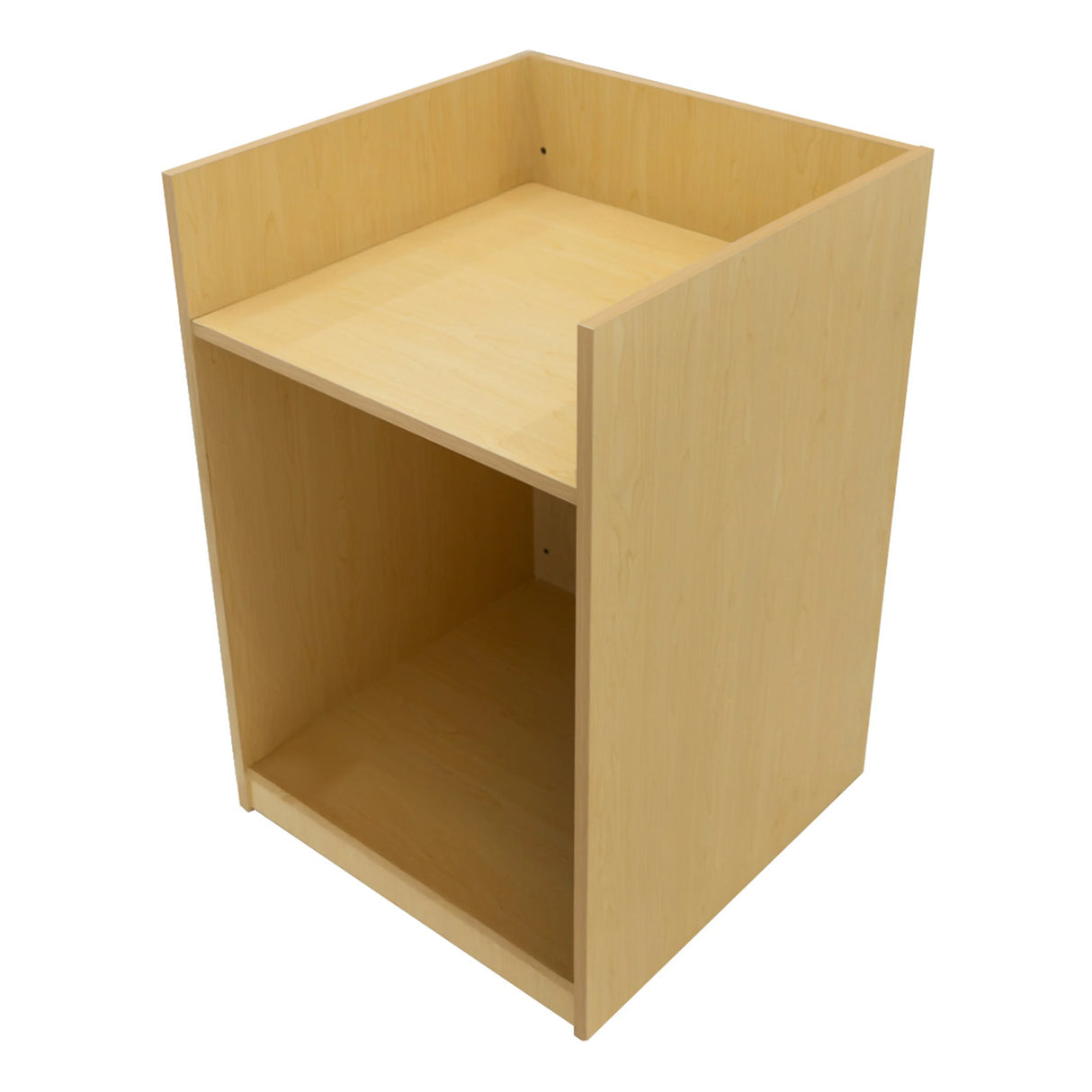 Europa LED Shop Counter Set in maple finish, featuring a sleek design with a smooth surface and open shelving for storage