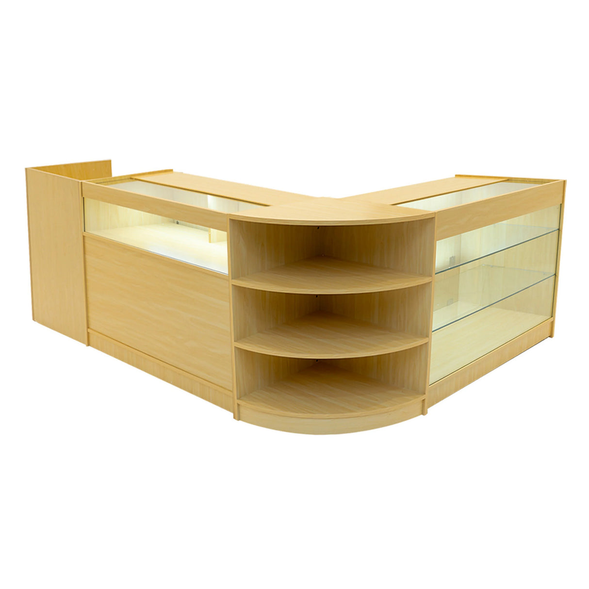 Hyperion LED Shop Counter Set in maple finish, featuring curved glass display shelves and spacious storage compartments