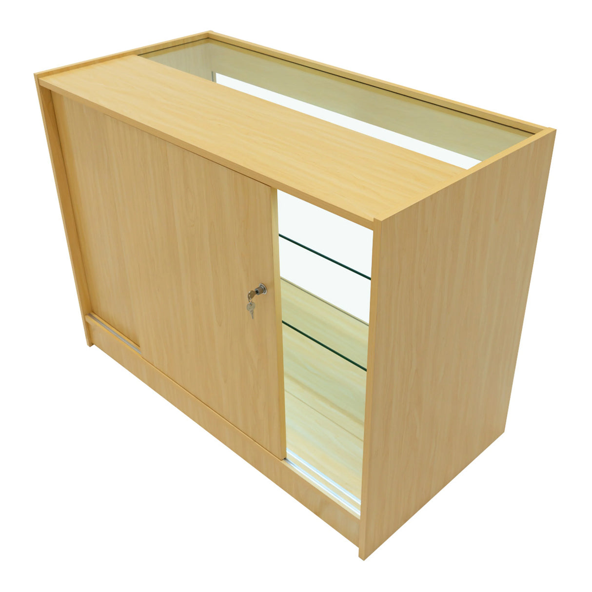 Maple wood Hyperion LED shop counter set with sliding door, glass shelves, and a sleek, modern design for retail display