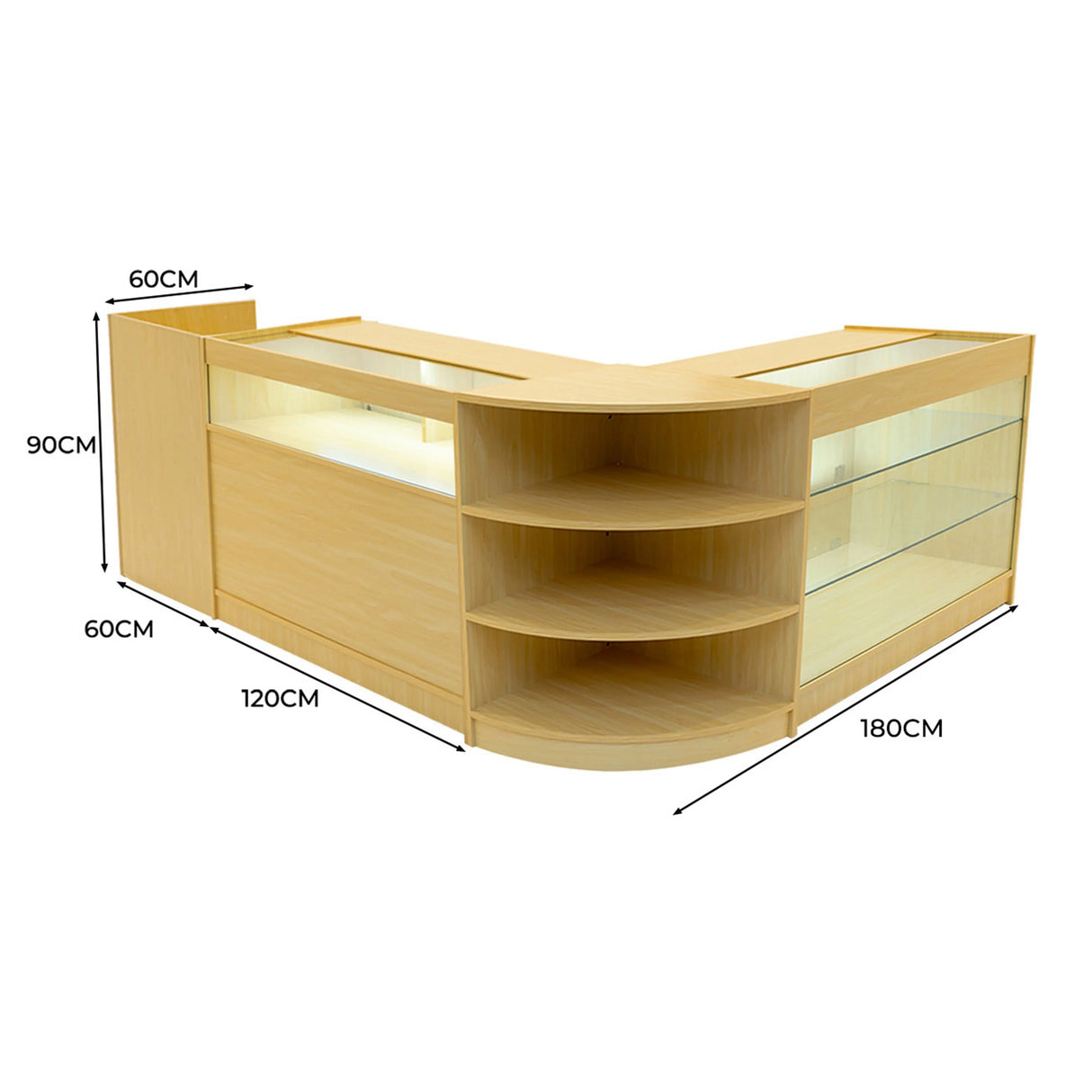 Maple Hyperion LED Shop Counter Set featuring a modern design with curved edges, glass shelves, and ample storage space for displays