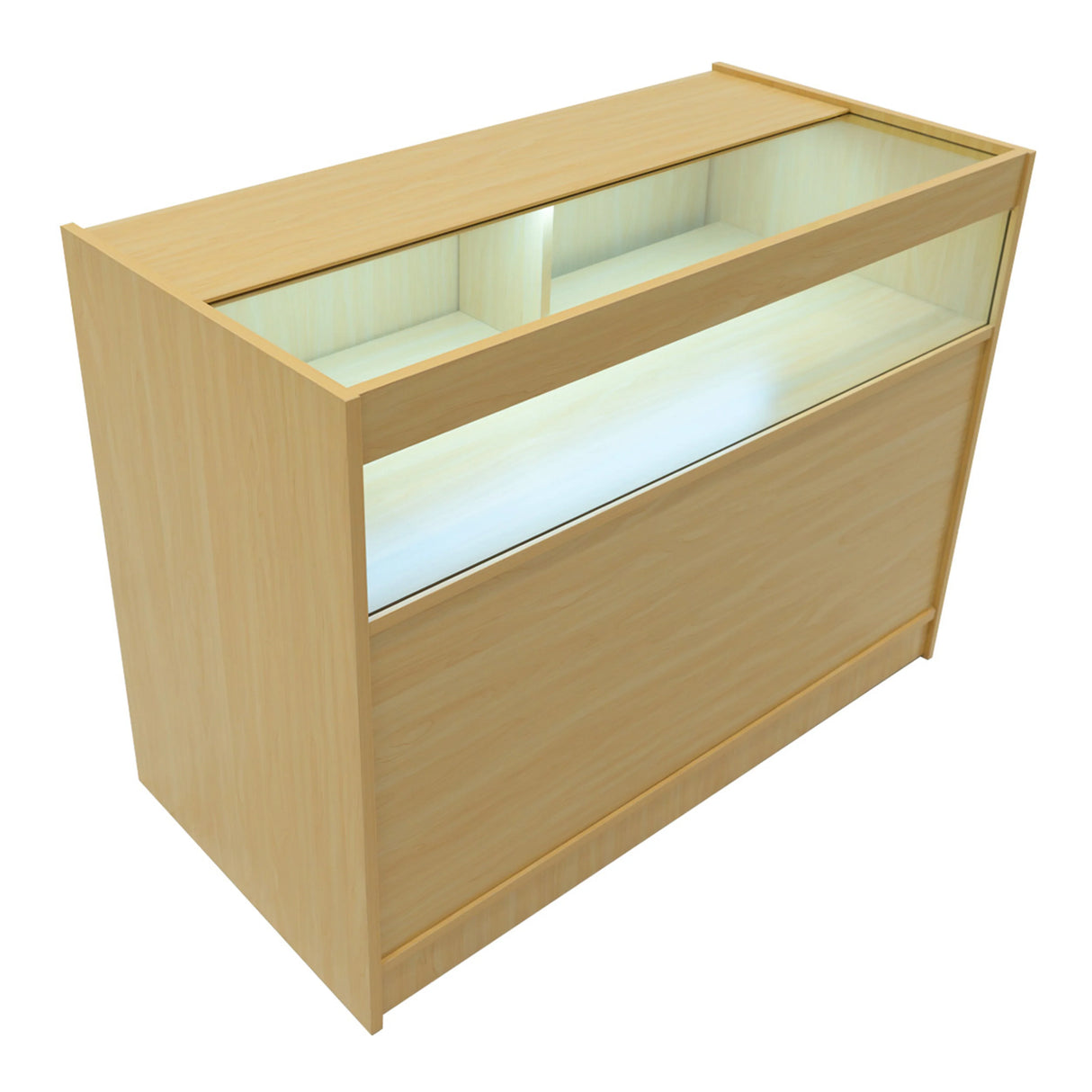 Maple Hyperion LED shop counter set featuring a sleek design, glass display top, and illuminated shelving for showcasing products