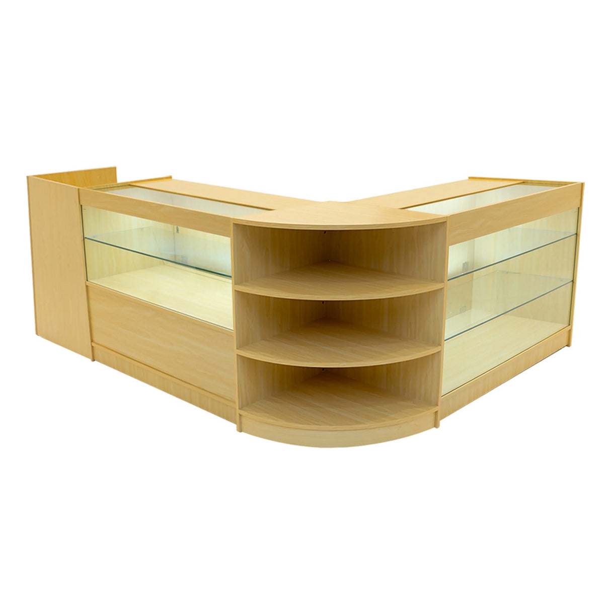 Theia LED Shop Counter Set in maple finish features sleek glass displays, curved shelves, and modern design for retail spaces