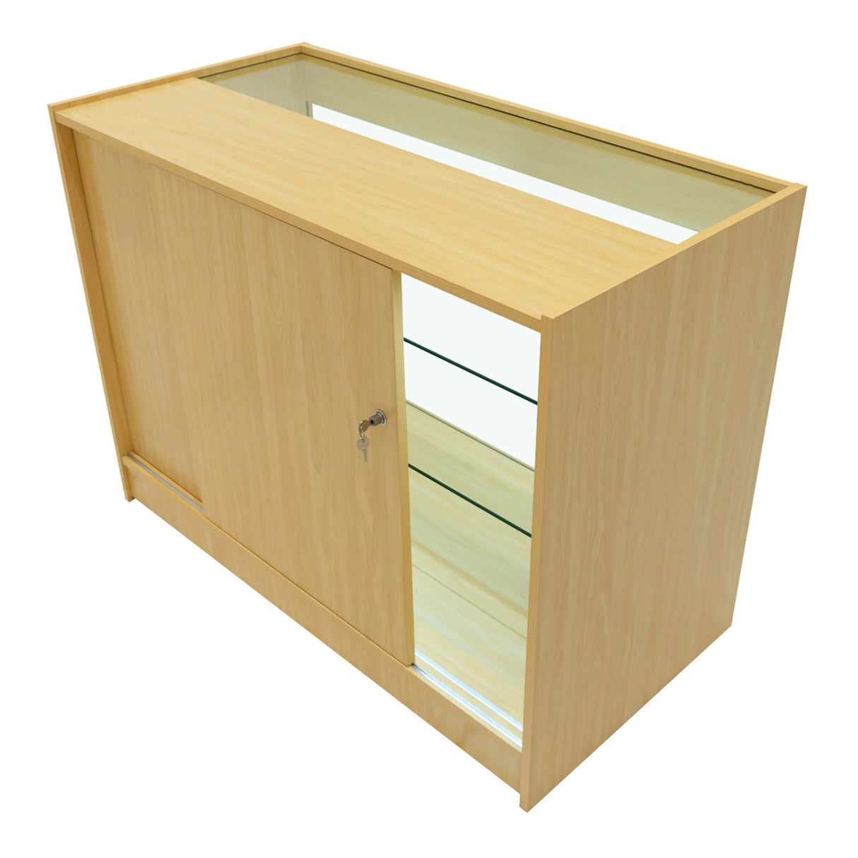 Theia LED Shop Counter Set in maple finish, featuring a sleek design, glass shelves, and a sliding door for easy access