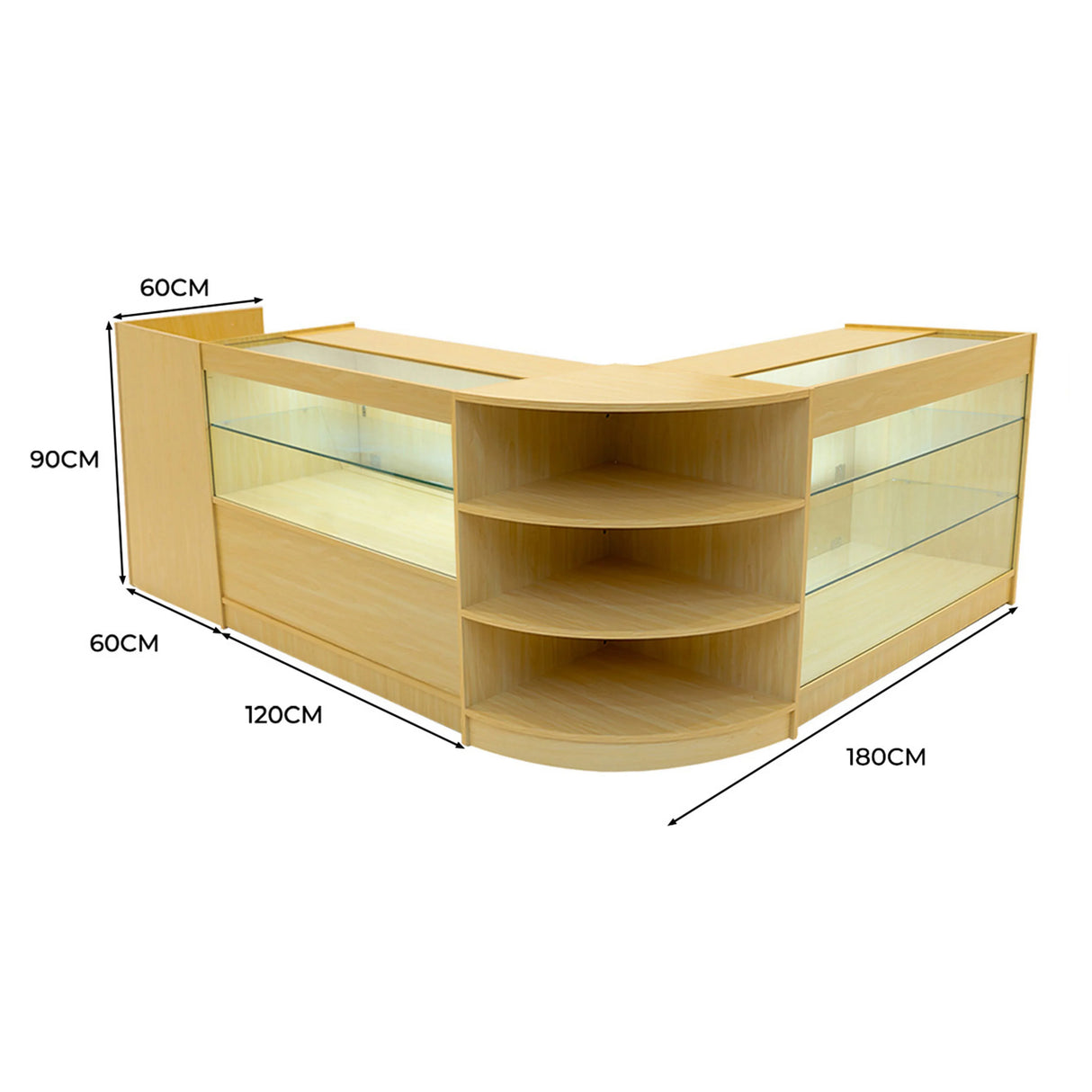 Theia LED Shop Counter Set in maple features a modern design with glass shelves, curved edges, and ample display space for products