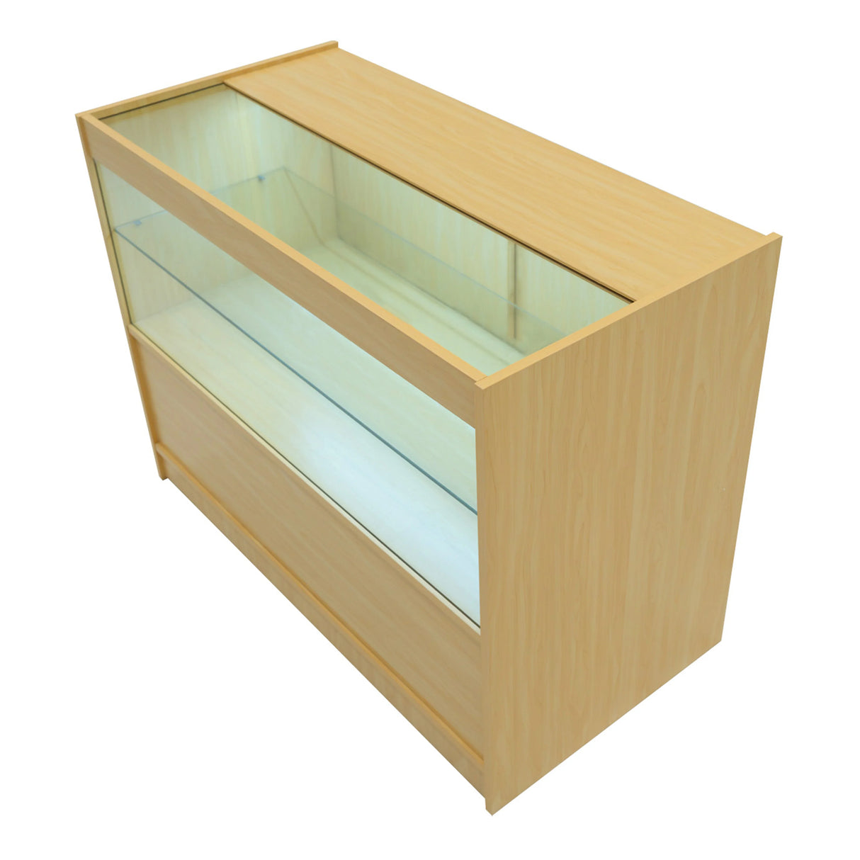 Maple LED shop counter set featuring a sleek design, glass display top, and spacious storage area for showcasing products