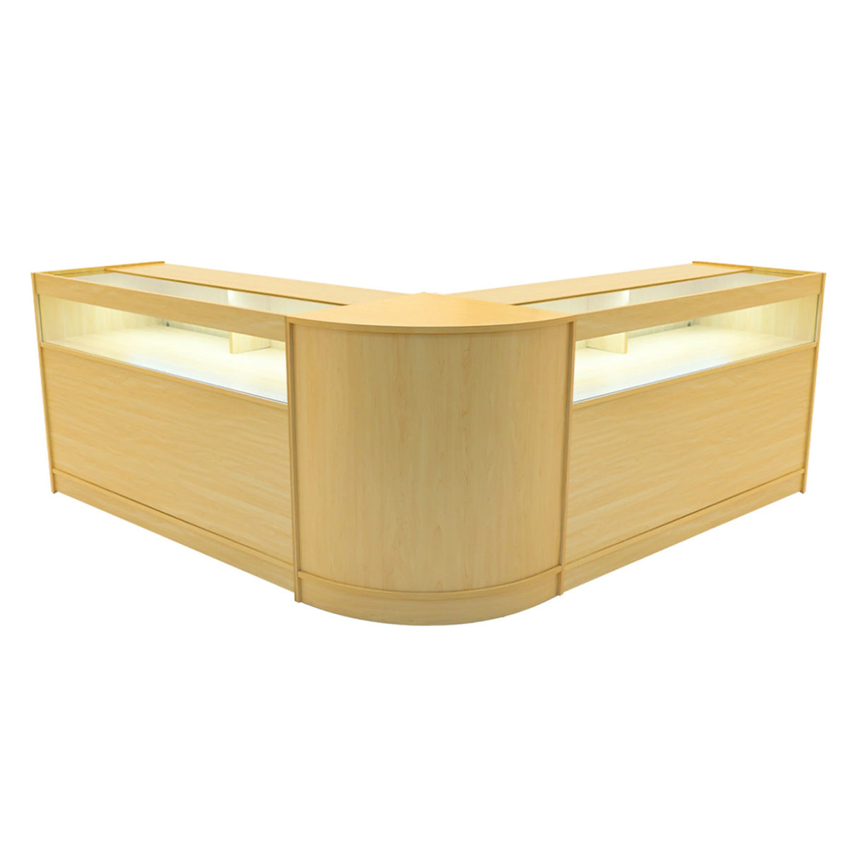 Maple Iris LED shop counter set featuring a sleek, modern design with two display sections and integrated lighting for visibility
