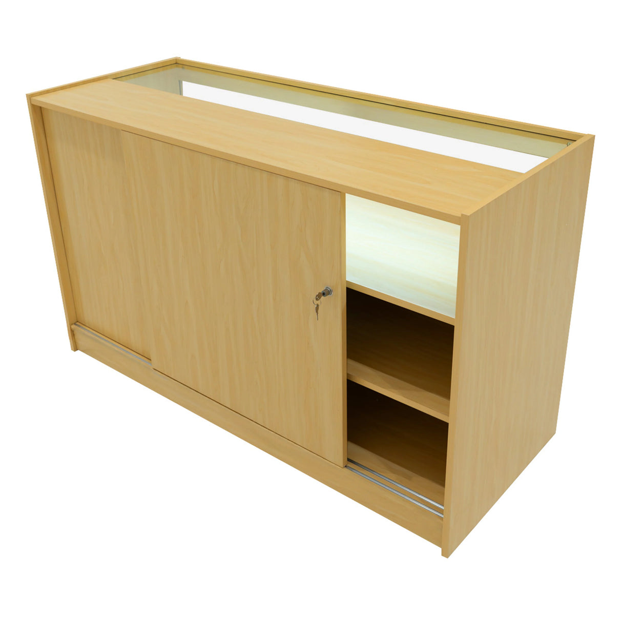 Maple Iris LED shop counter set with sliding doors, glass display top, and open shelving for organized storage and visibility