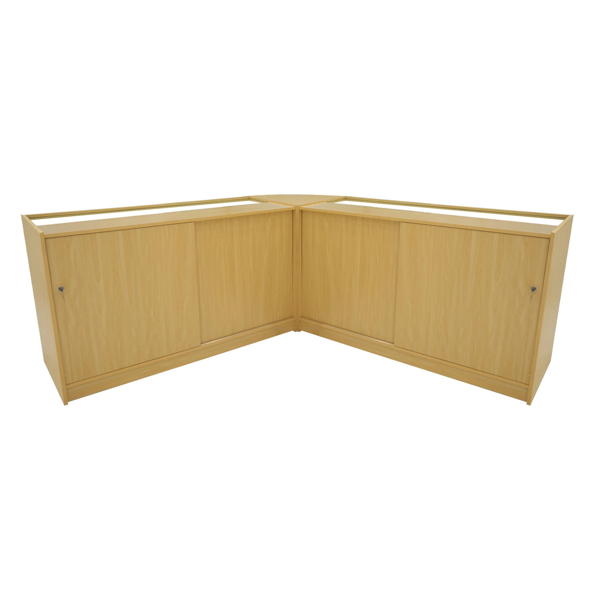 Maple Iris LED shop counter set with two B1500 display units, featuring a sleek corner design and smooth, textured finish
