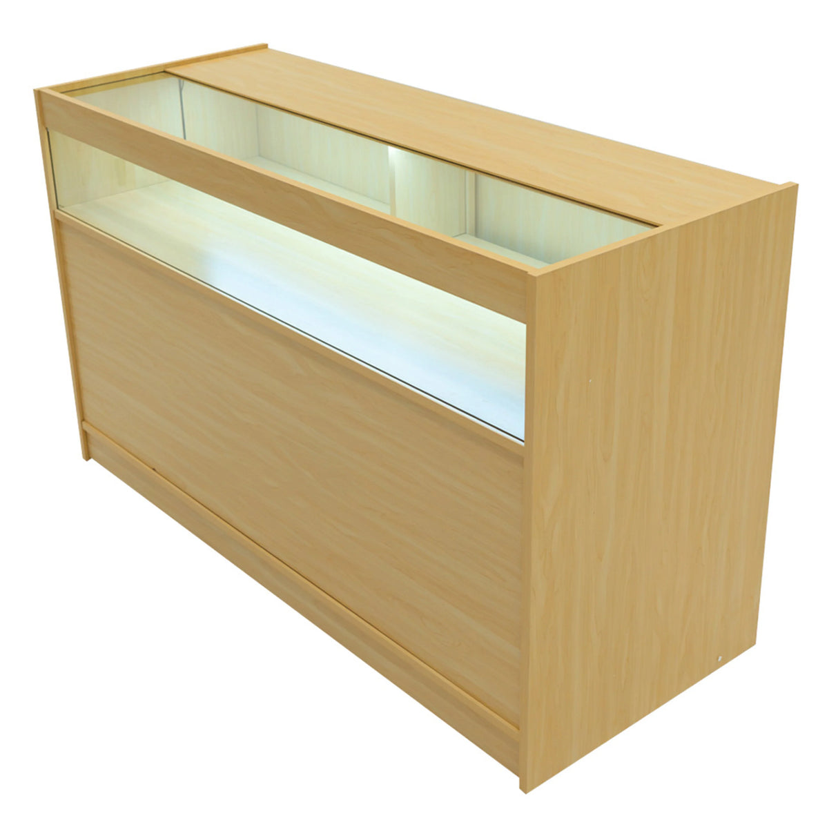 Maple Iris LED shop counter set with a sleek design, featuring a glass display top and integrated lighting for showcasing products