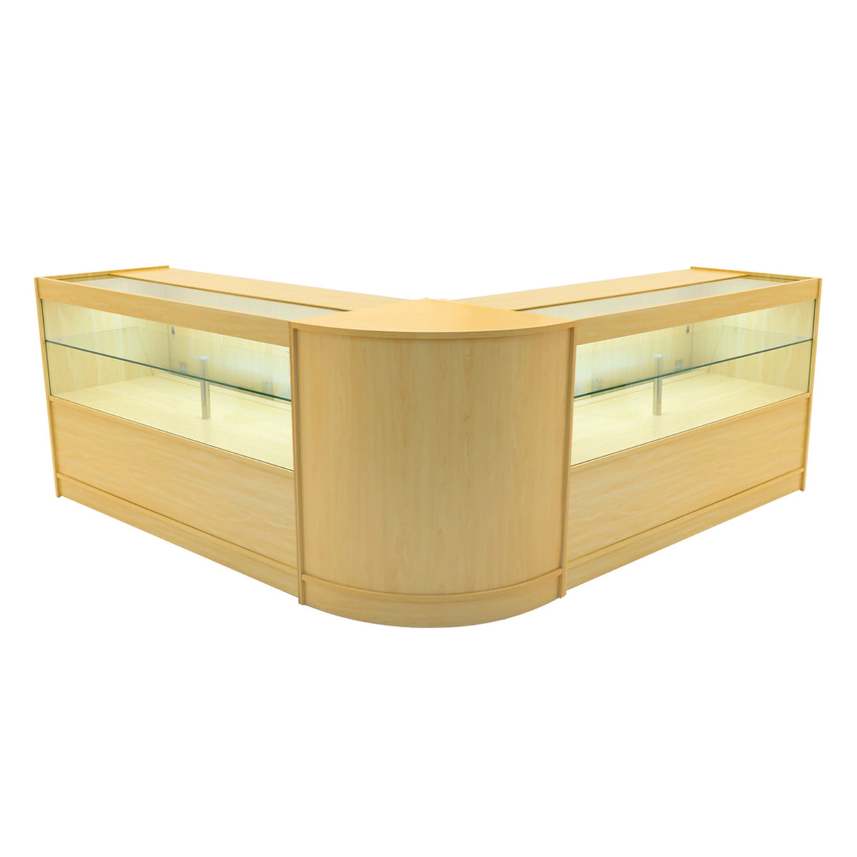 Maple Selene LED shop counter set featuring a sleek, curved design with glass display sections and warm lighting for showcasing products