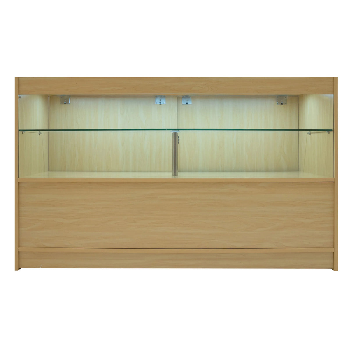Maple Selene LED shop counter set with glass shelves, illuminated interior, and sleek modern design, ideal for retail displays