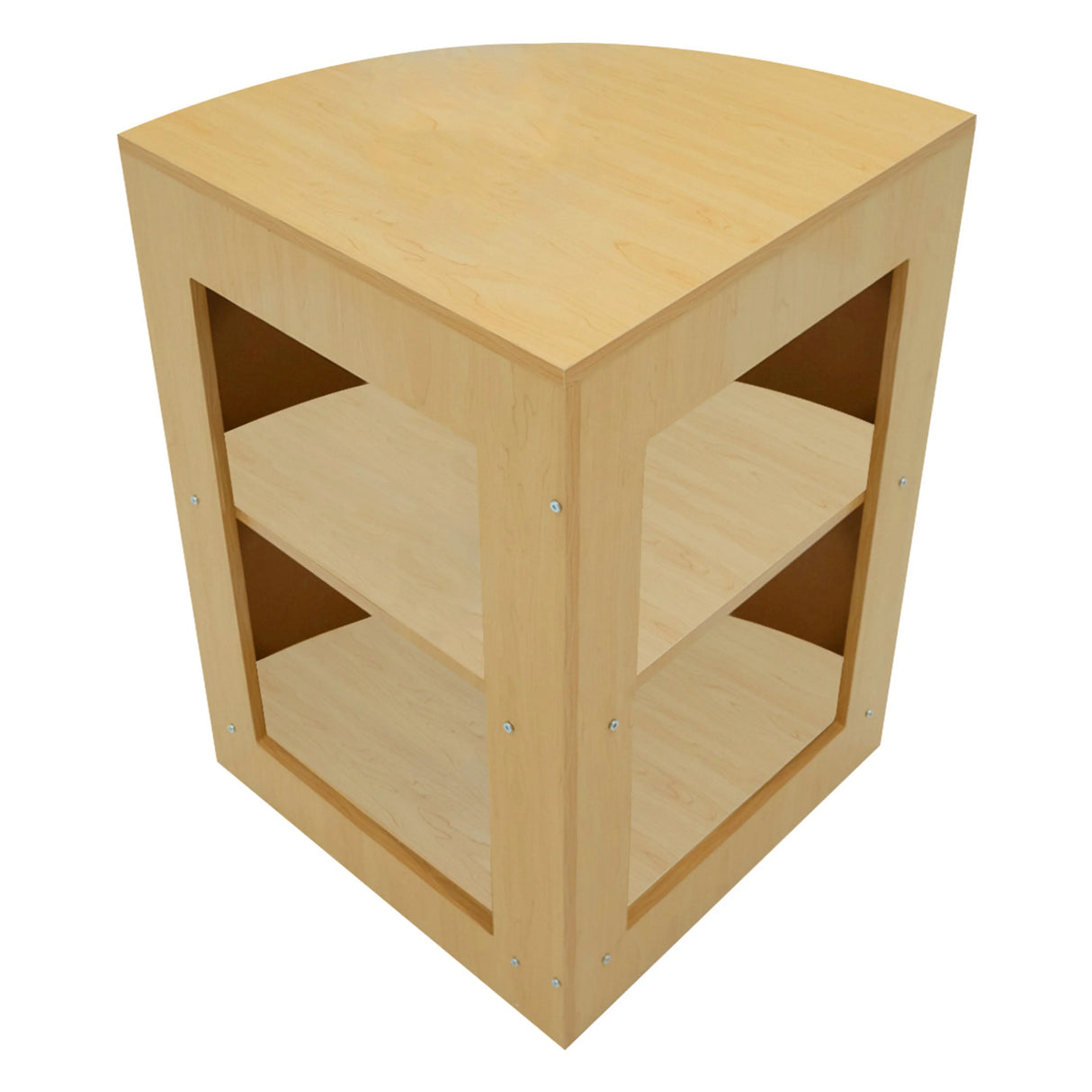 Maple corner display counter with two open shelves, featuring a smooth finish and rounded edges for a modern retail look