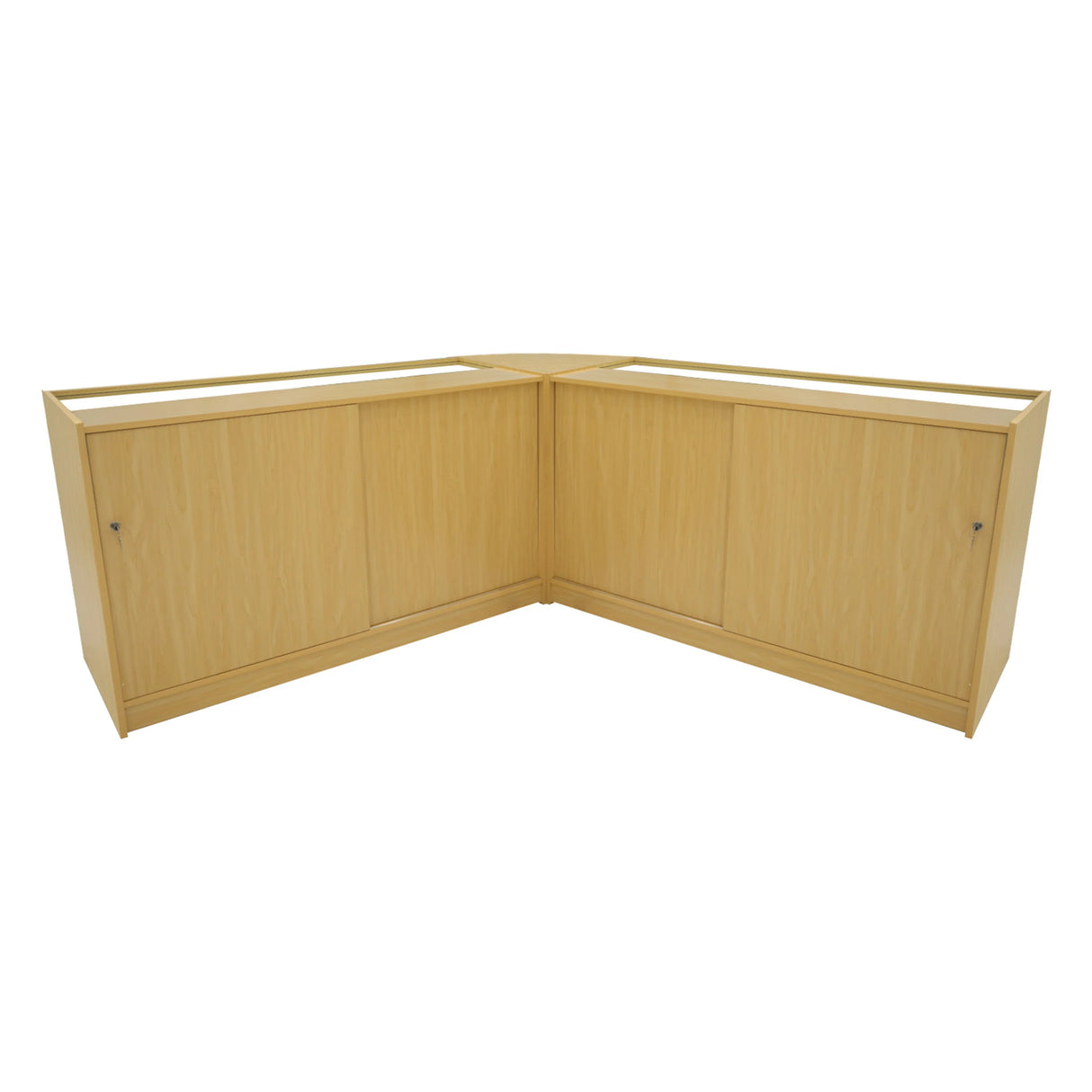 Maple Helios LED shop counter set featuring a sleek, modern design with two cabinets and a spacious countertop for display
