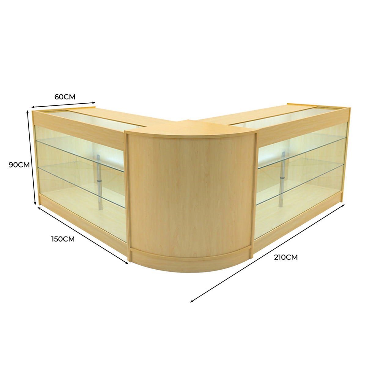 Maple Helios LED shop counter set featuring a sleek, curved design with glass display shelves, measuring 60x150x90 cm