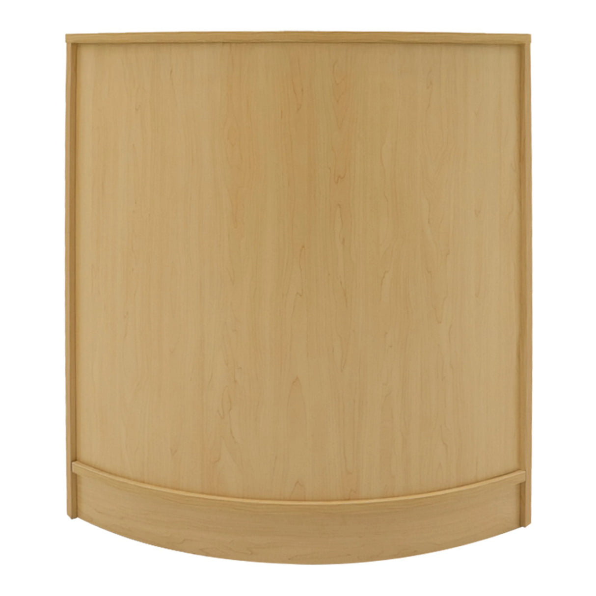 Curved maple wood counter with a smooth finish, designed for shop displays, featuring a sleek, modern aesthetic and ample surface area