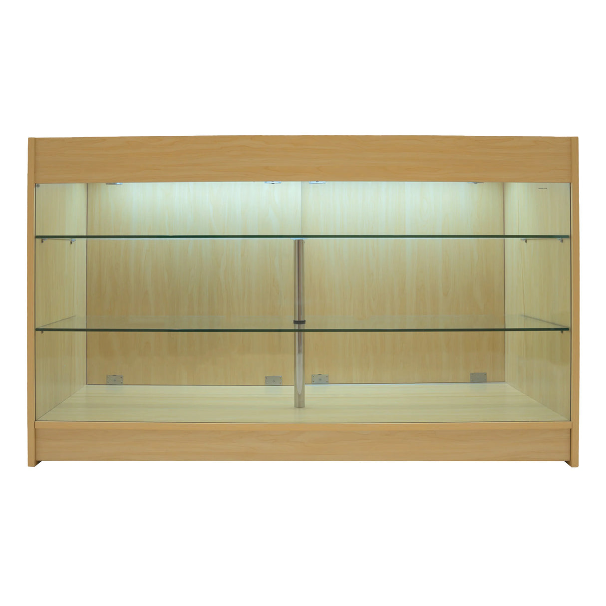 Maple Helios LED shop counter set with glass shelves, featuring a sleek design and soft lighting for product display