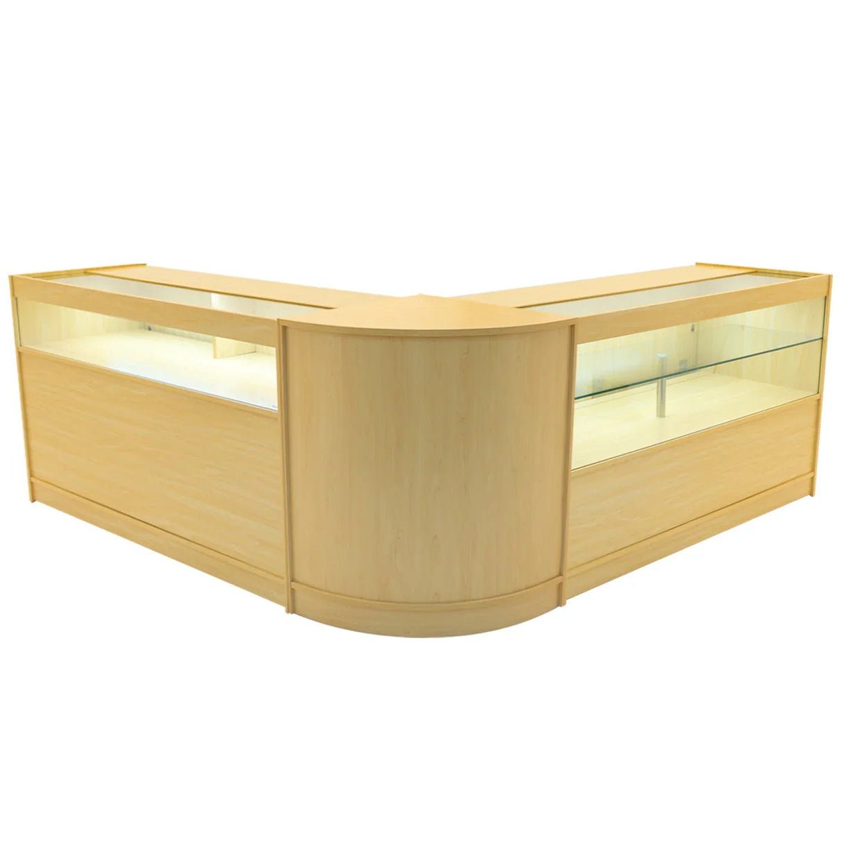 Adonis LED Shop Counter Set in maple finish features sleek, curved design with glass display sections for showcasing products