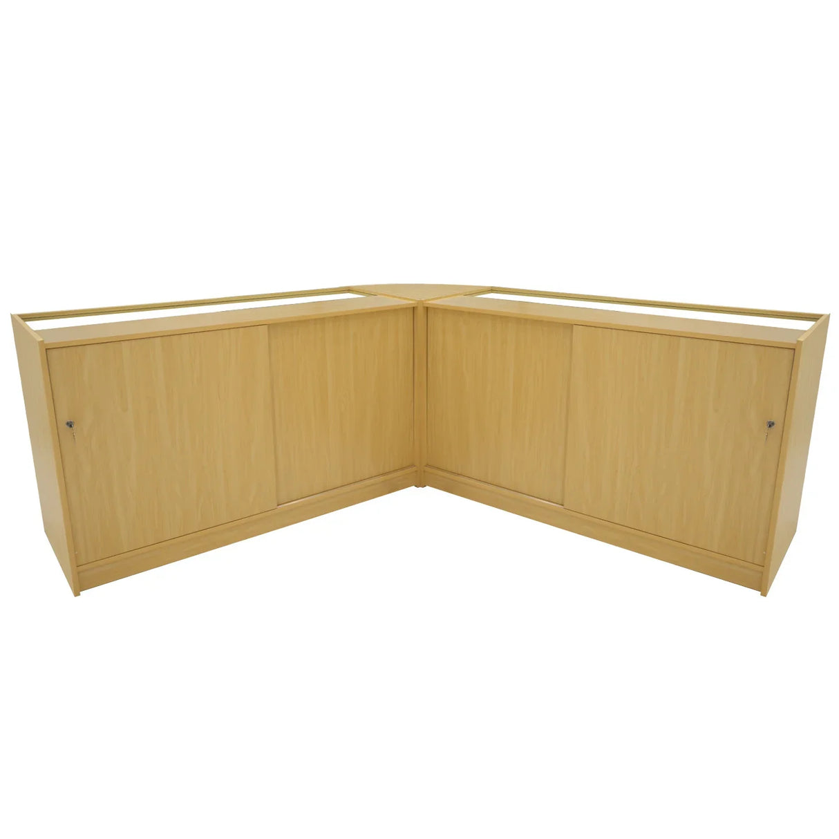 Adonis LED Shop Counter Set in maple finish, featuring a sleek corner design with smooth surfaces and glass display tops