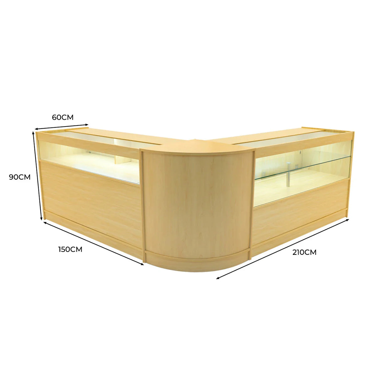 Adonis LED Shop Counter Set in maple finish, featuring a curved design, glass display sections, and LED lighting for enhanced visibility