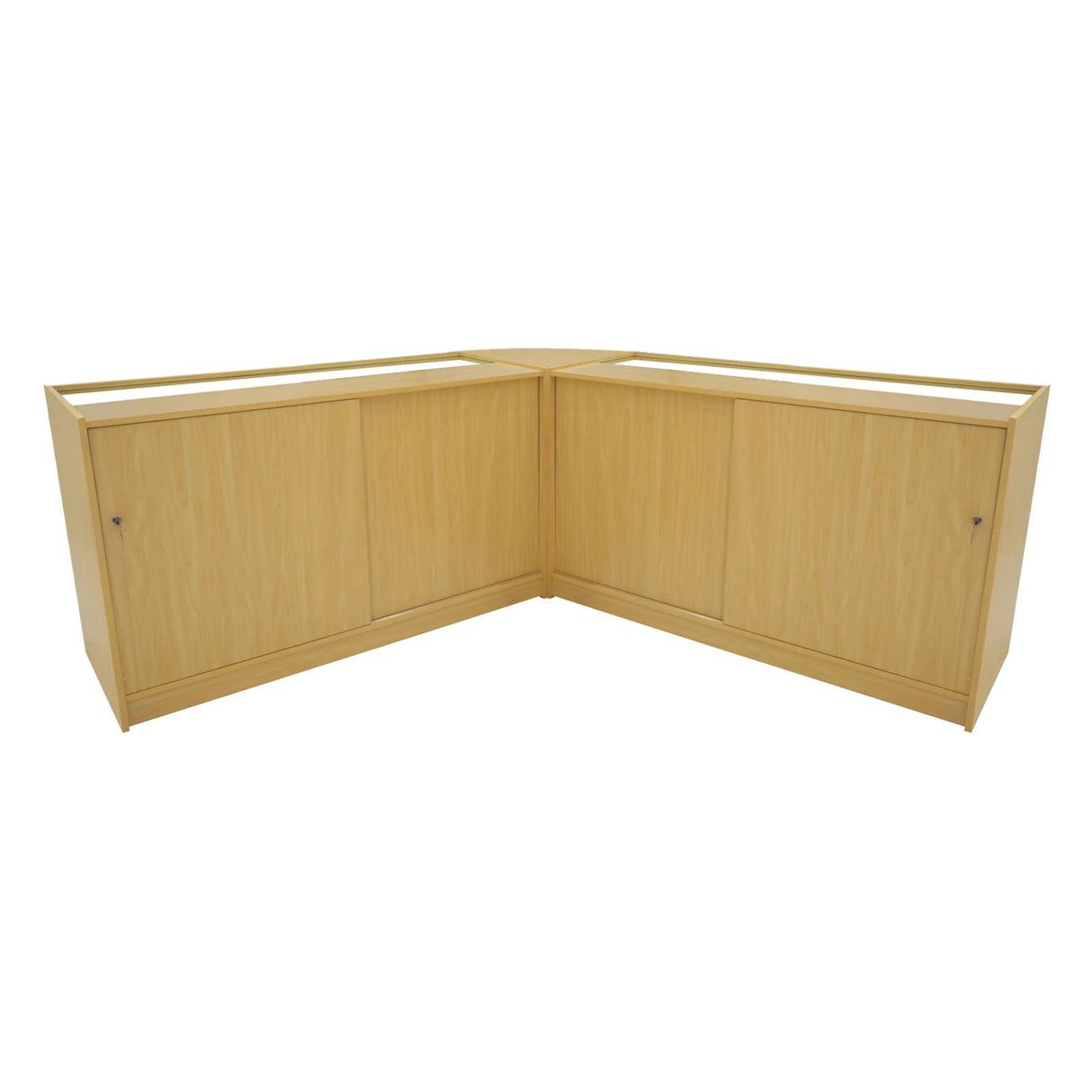 Triton LED Shop Counter Set in maple finish, featuring a modern corner design with smooth surfaces and ample storage space