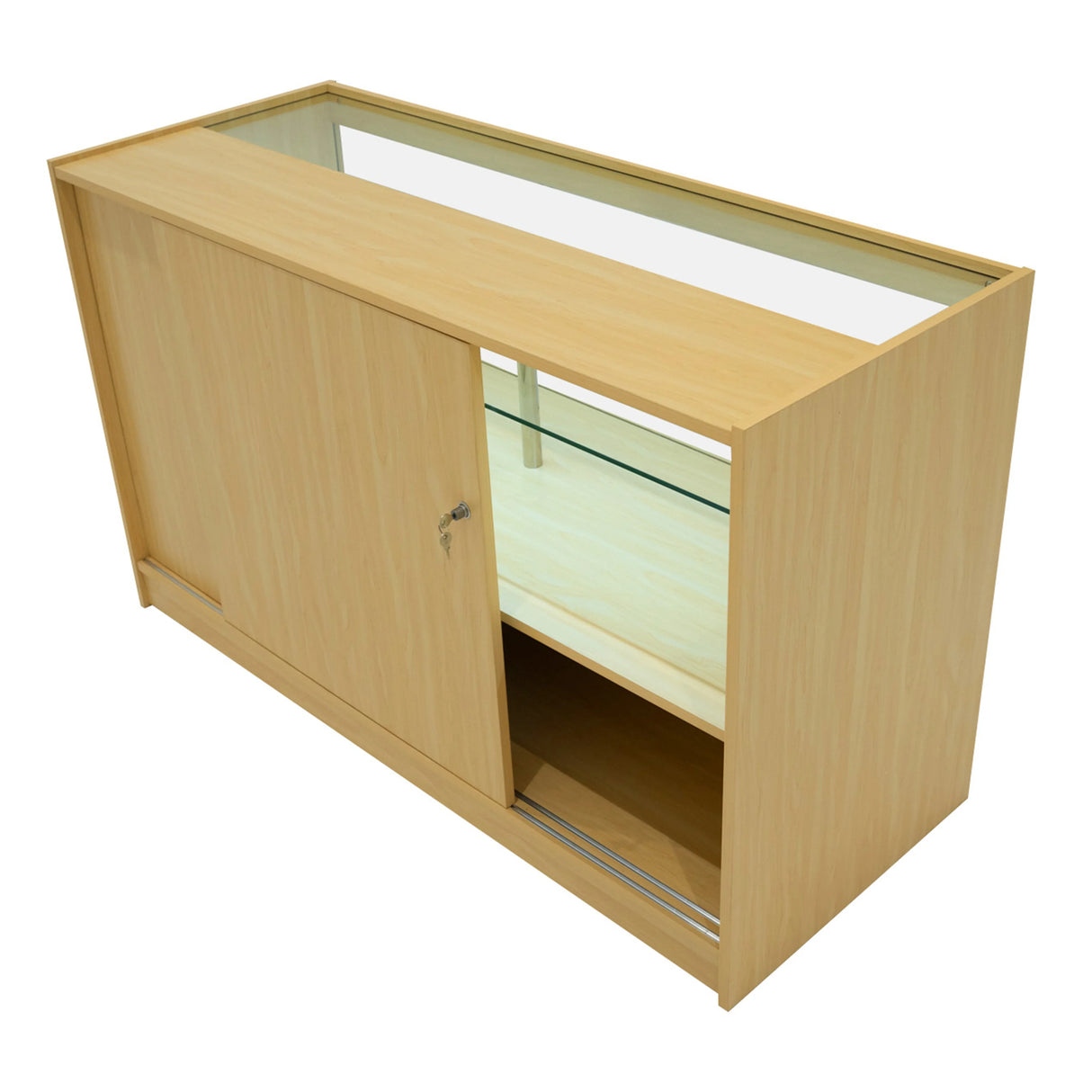 Hera LED Shop Counter Set in maple finish, featuring a sleek design, sliding glass door, and spacious display area for products