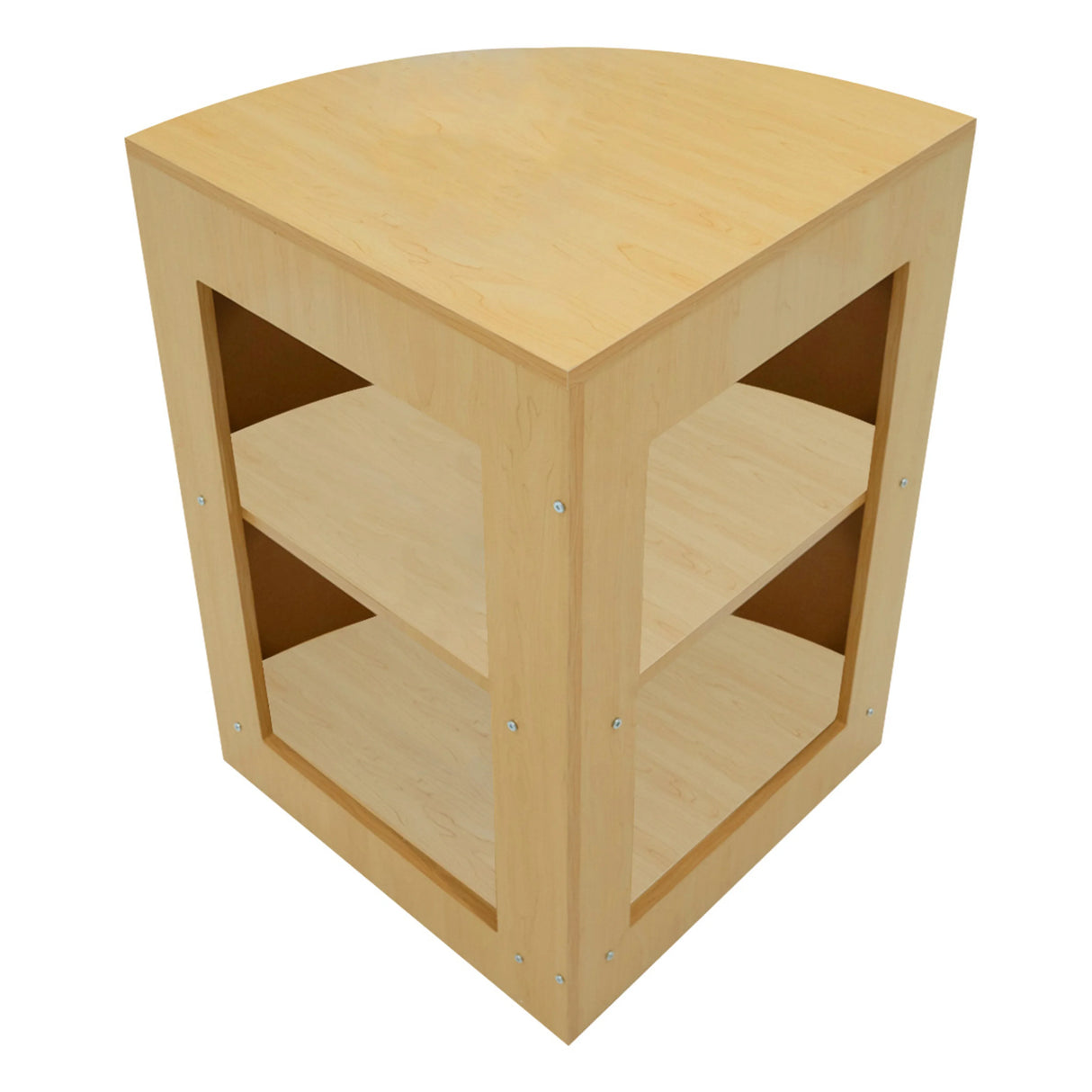 Hera LED Shop Counter Set in maple finish, featuring a curved top, open shelving, and smooth wood texture for modern retail display