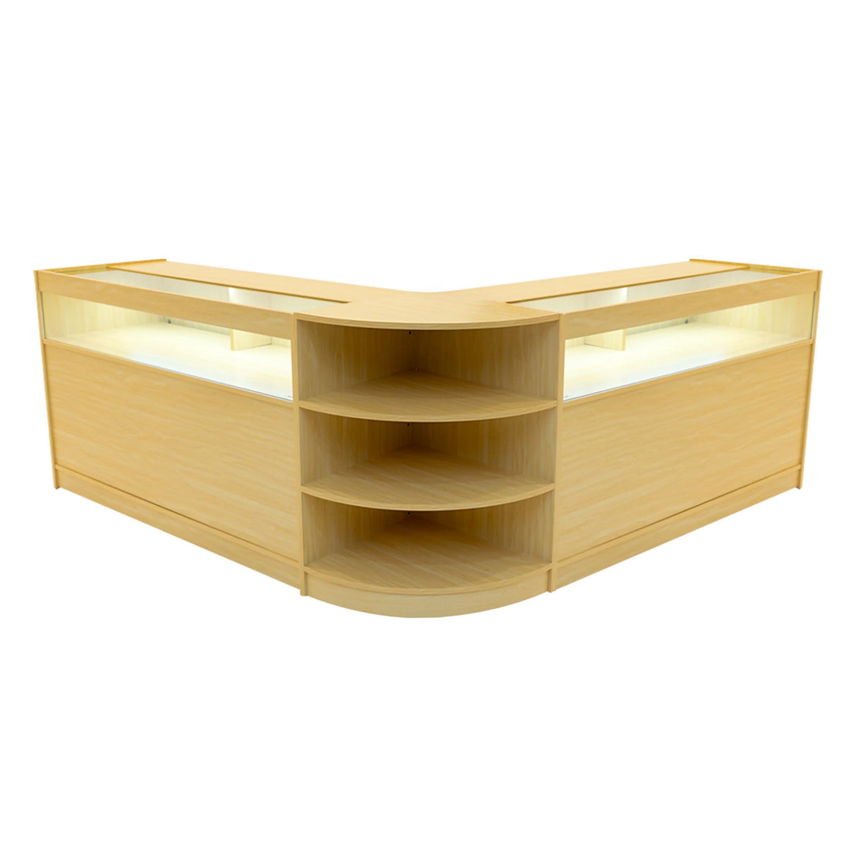 Theseus LED shop counter set in maple finish, featuring a modern design with curved edges and built-in LED lighting for display
