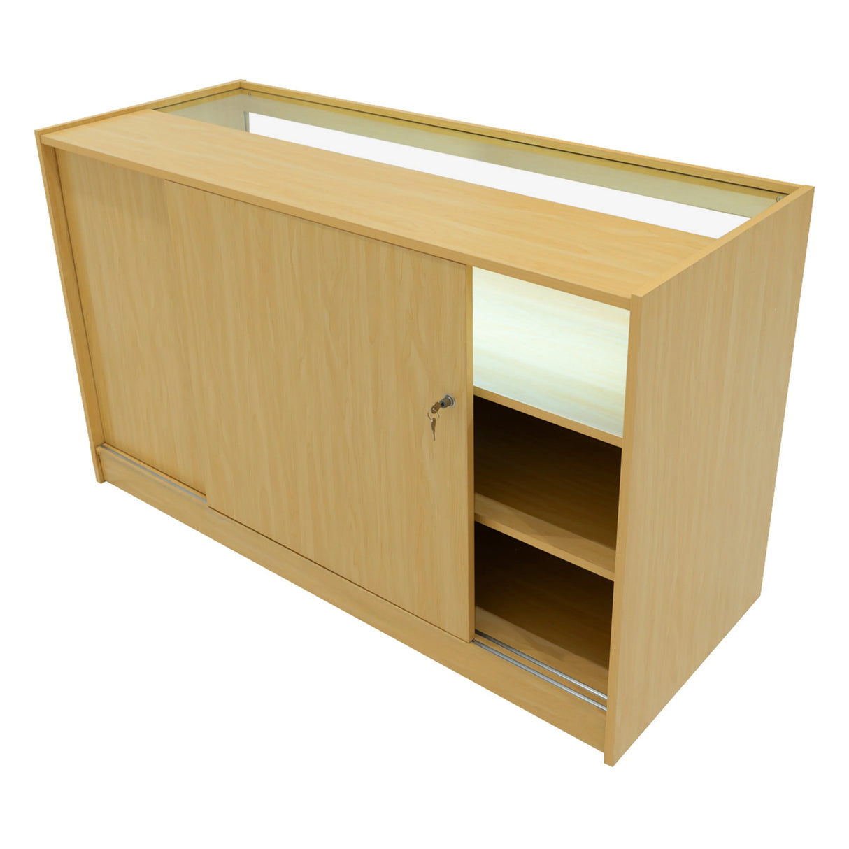 Theseus LED shop counter set in maple finish, featuring sliding doors, glass display top, and open shelving for storage