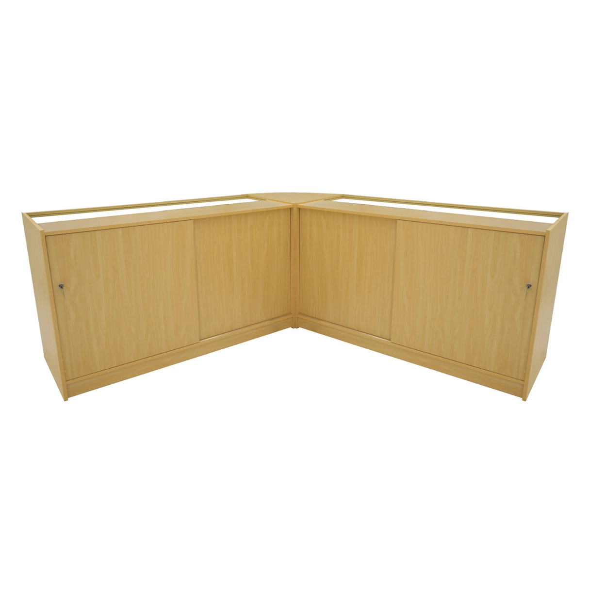 Theseus LED shop counter set in maple finish, featuring a sleek, modern design with smooth surfaces and ample storage space