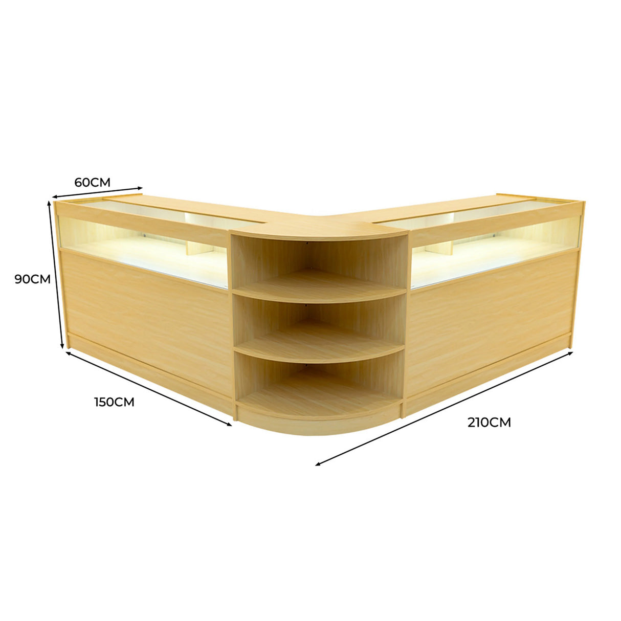 Theseus LED shop counter set in maple, featuring a curved design, integrated lighting, and multiple shelves for display storage