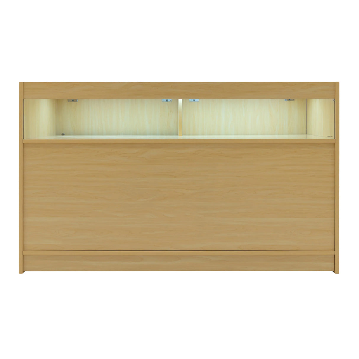 Theseus LED shop counter set in maple finish, featuring a sleek design with illuminated shelves and smooth texture