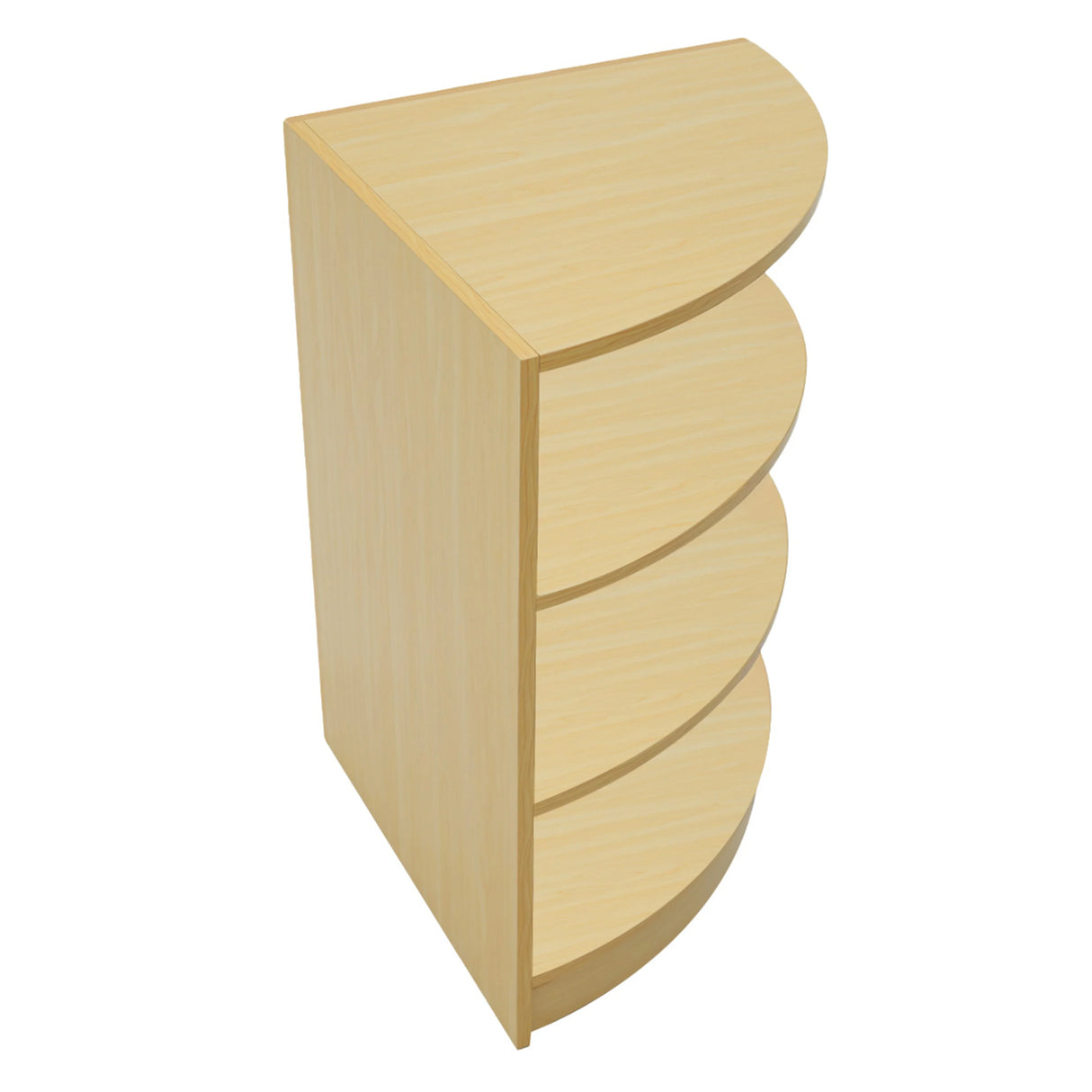 Theseus LED shop counter set in maple finish features a sleek, curved design with four spacious shelves for display and storage
