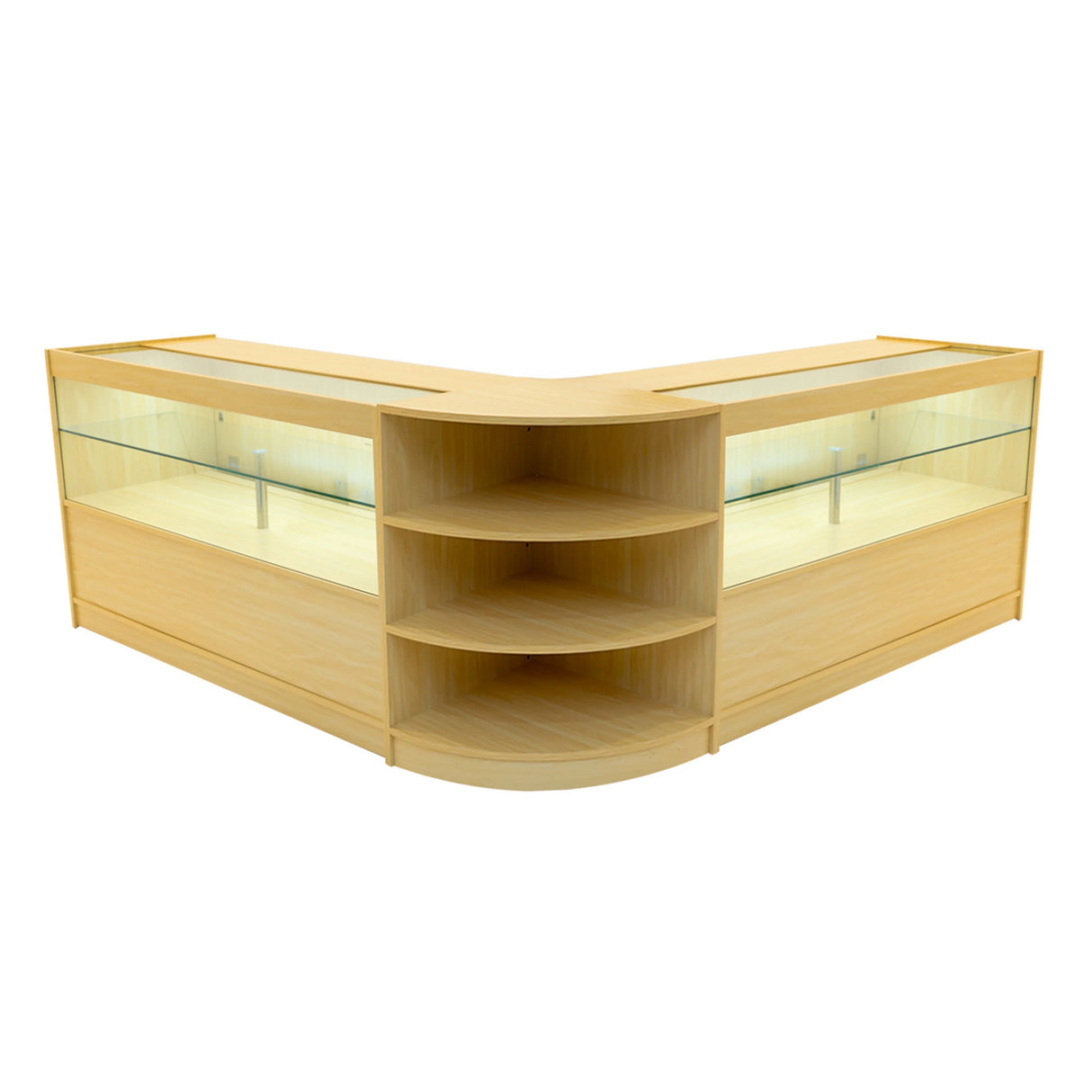 Andromeda LED shop counter set in maple, featuring a modern design with glass display sections and curved shelving for retail use