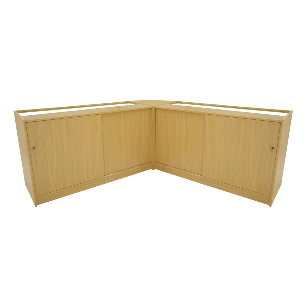 Andromeda LED shop counter set in maple finish, featuring a sleek, modern design with smooth surfaces and ample storage space