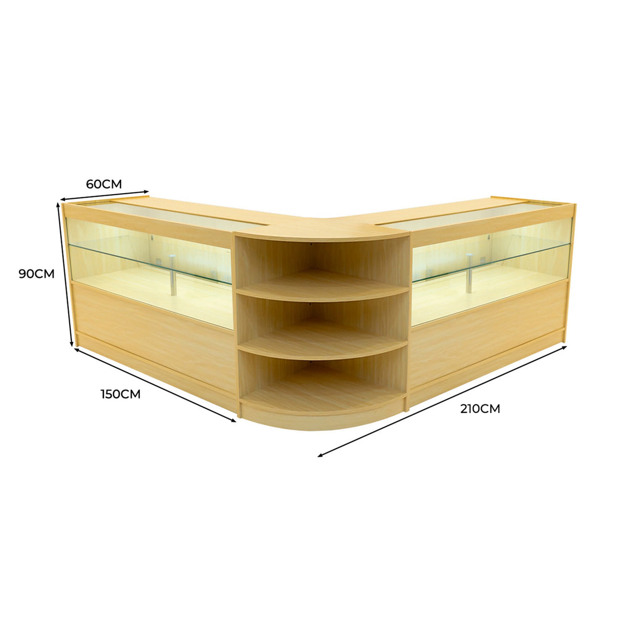 Andromeda LED Shop Counter Set in maple finish, featuring curved design, glass display shelves, and LED lighting for enhanced visibility