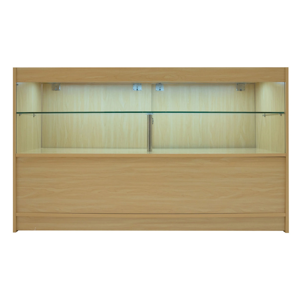 Andromeda LED shop counter set in maple finish, featuring a sleek design, glass display shelves, and integrated lighting for visibility