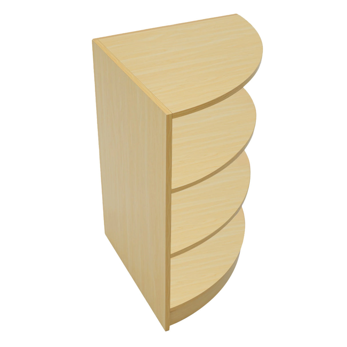 Andromeda LED shop counter set in maple finish, featuring a sleek half-moon design with four spacious shelves for display