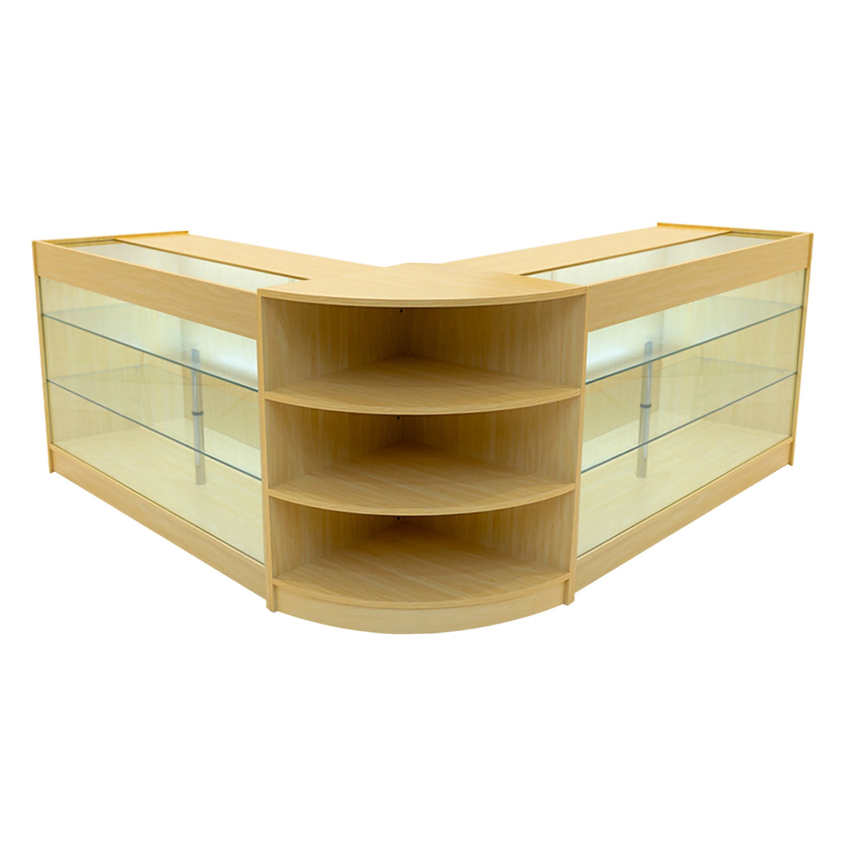 Maple Apollo LED shop counter set featuring a sleek, modern design with glass display shelves and integrated lighting for visibility