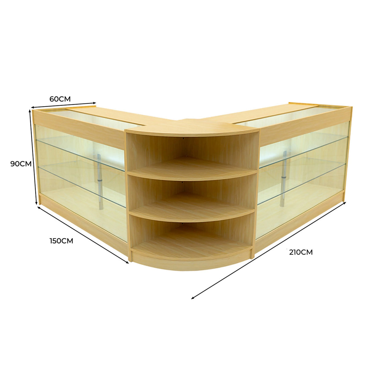 Maple Apollo LED shop counter set with a modern design, featuring glass shelves, smooth texture, and a stylish corner shape