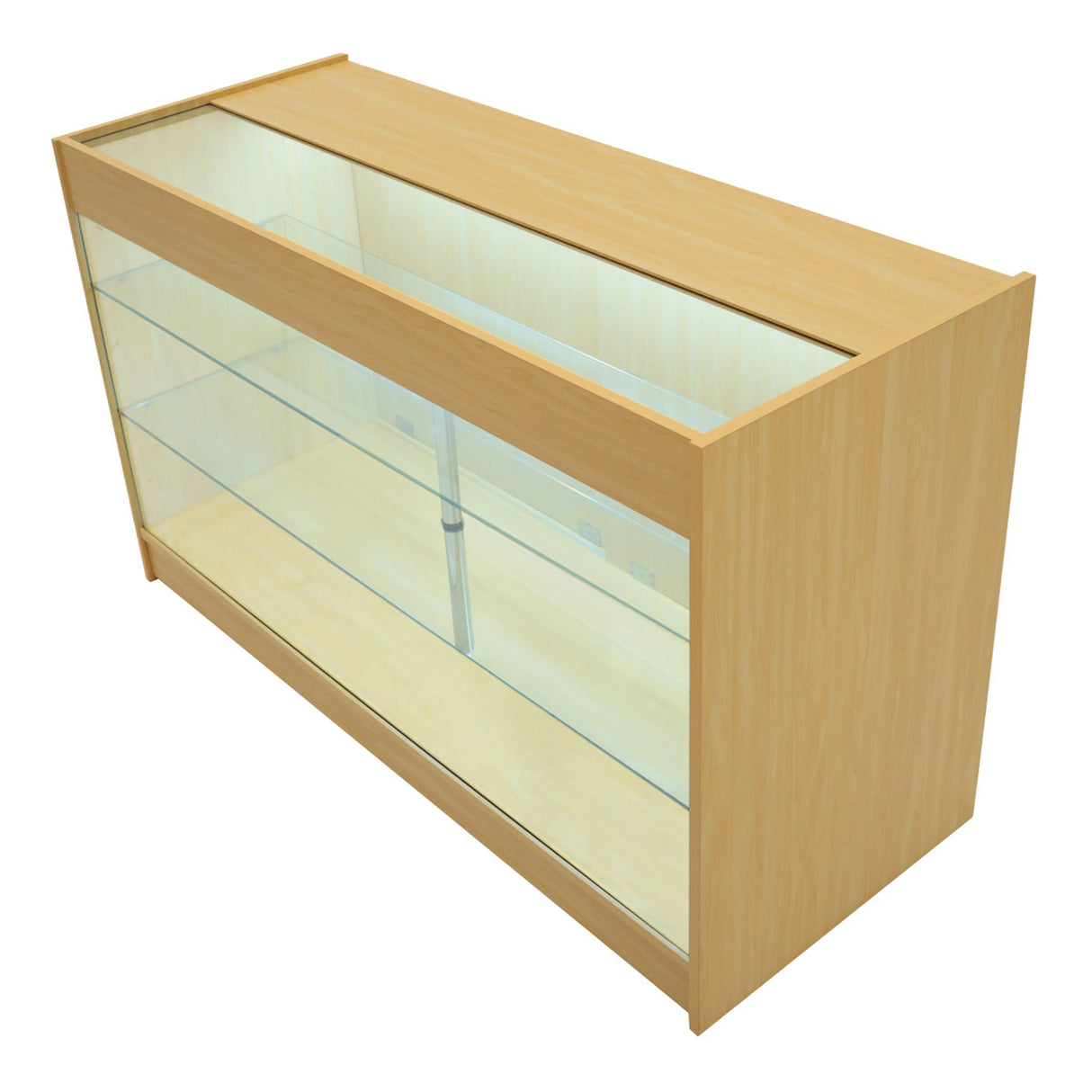 Maple Apollo LED shop counter set with two K1500 display cases, featuring a sleek design, glass shelves, and illuminated interior
