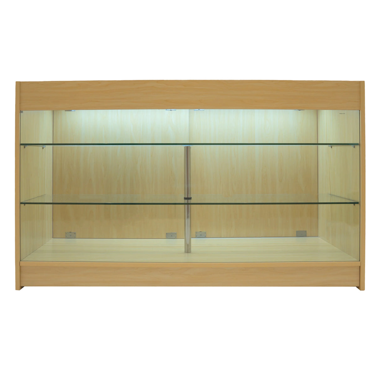 Maple Apollo LED shop counter set with glass shelves, featuring a sleek design and integrated lighting for enhanced display