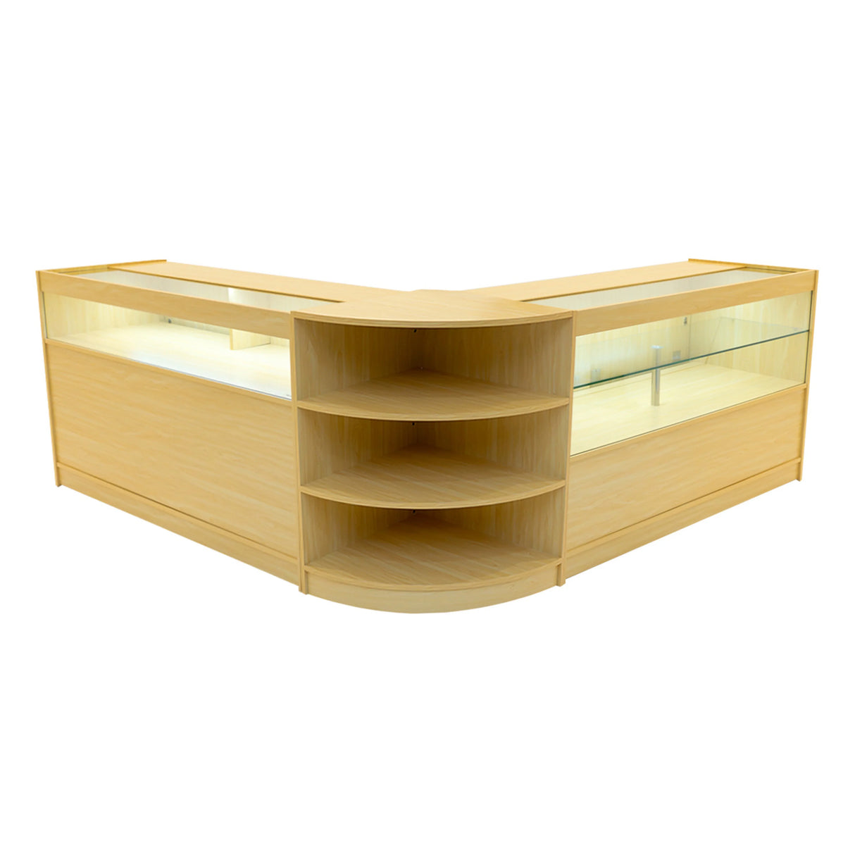 Harmonia LED Shop Counter Set in maple finish, featuring a modern design with glass display sections and curved shelving for storage