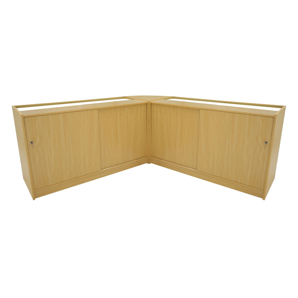 Harmonia LED Shop Counter Set in maple finish, featuring a sleek, modern design with ample storage and a smooth texture
