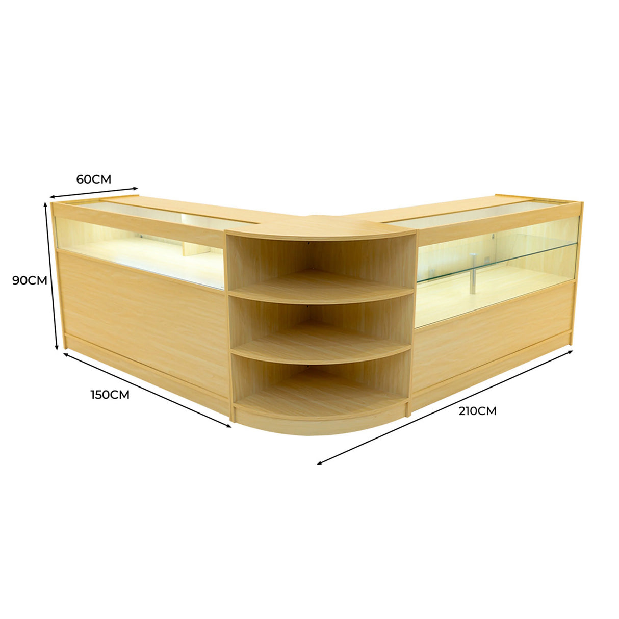 Harmonia LED shop counter set in maple finish, featuring glass display sections, curved design, and ample storage shelves