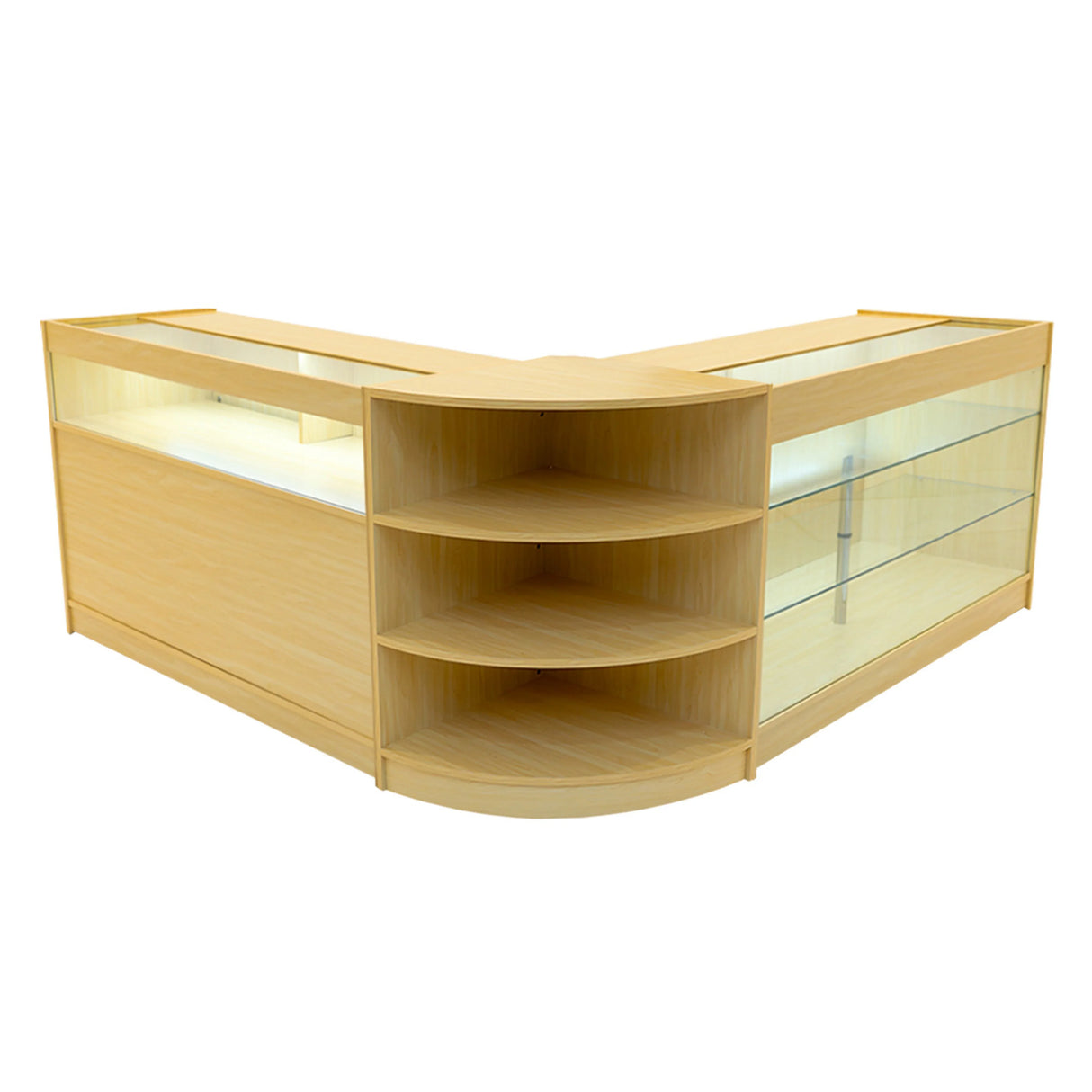 Demeter LED Shop Counter Set K1500, B1500 & LM60 in light maple, featuring sleek glass displays and modern curved design