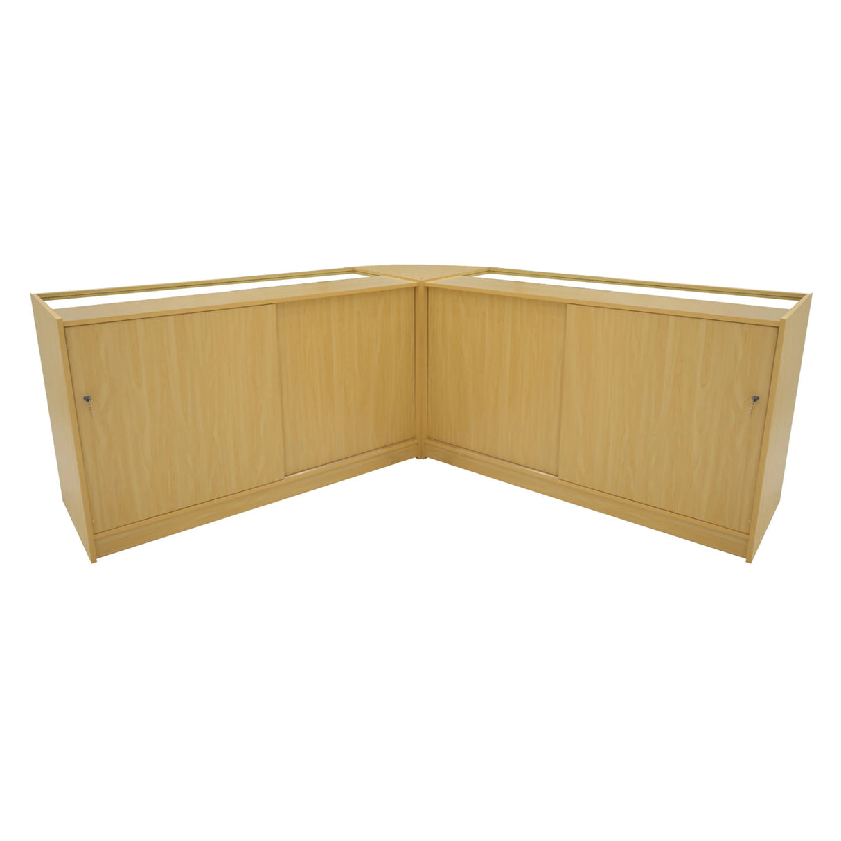 Maple LED shop counter set featuring a sleek corner design with smooth surfaces and spacious storage cabinets for retail use