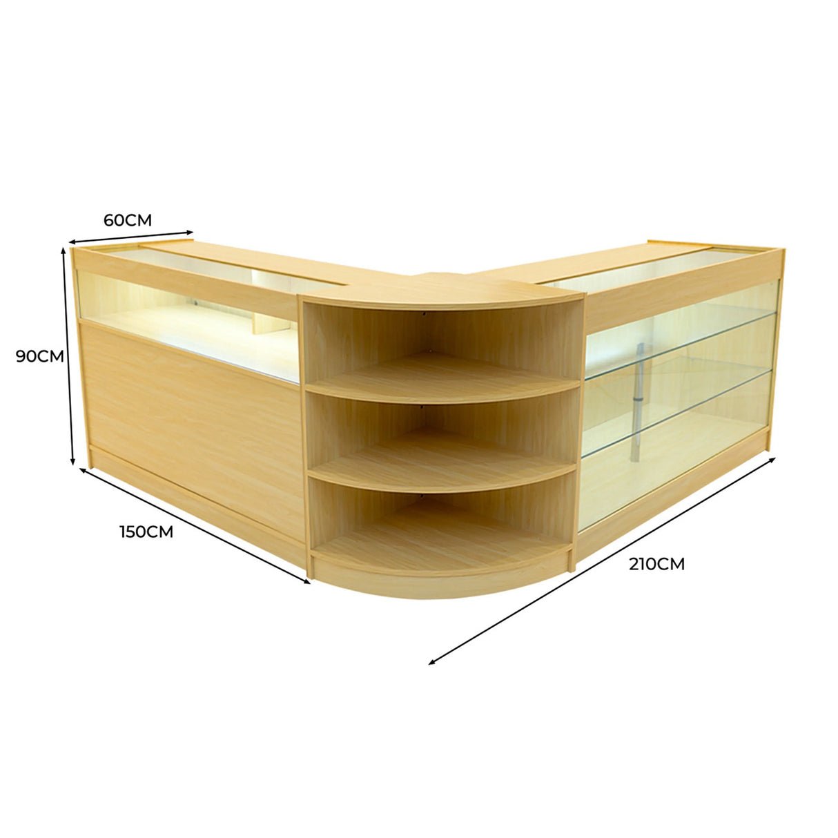 Demeter LED Shop Counter Set in maple wood, featuring a sleek design with glass display shelves and curved edges, ideal for retail spaces