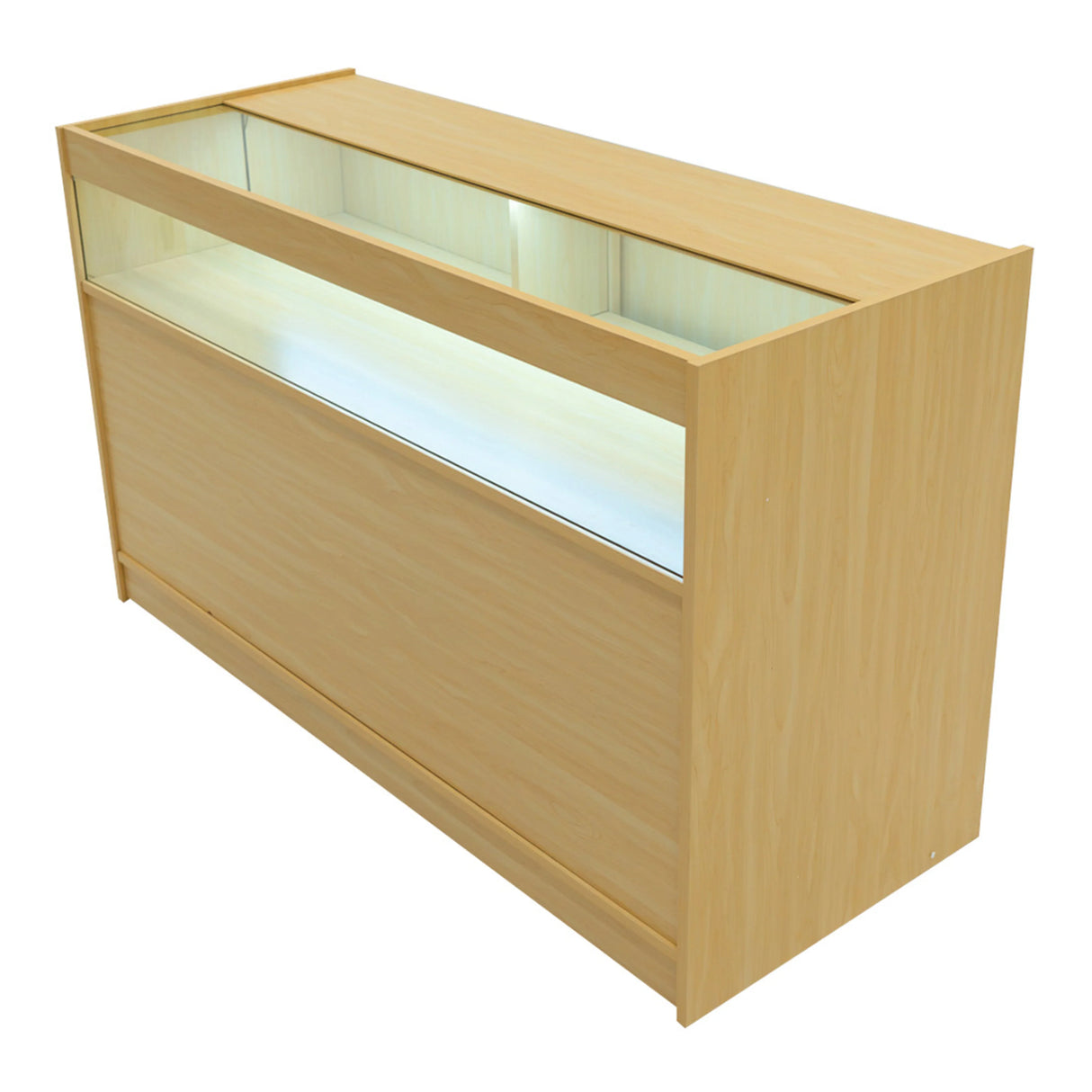 Demeter LED Shop Counter Set in maple finish, featuring a sleek design, illuminated display area, and smooth texture for modern retail spaces
